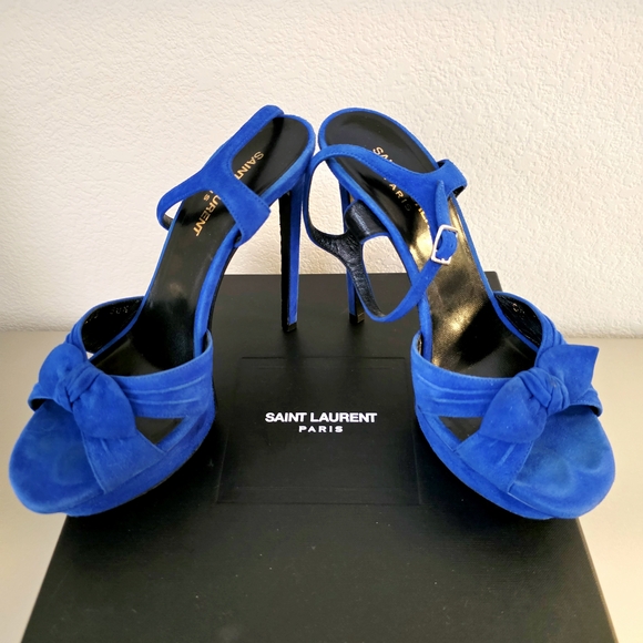 Saint Laurent YSL Blue Suede Platform Stiletto Ankle Strap Buckle Heels EU 38.5 - Picture 3 of 11